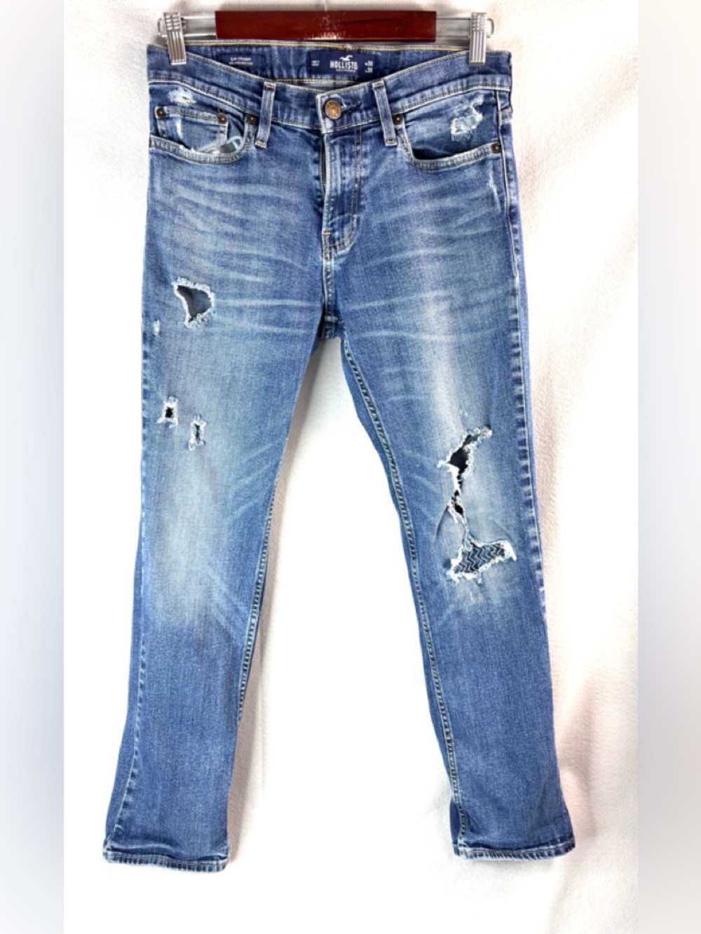 Hollister Slim Straight 30x29 Destroyed Light Blue Distressed Straight Leg Jeans